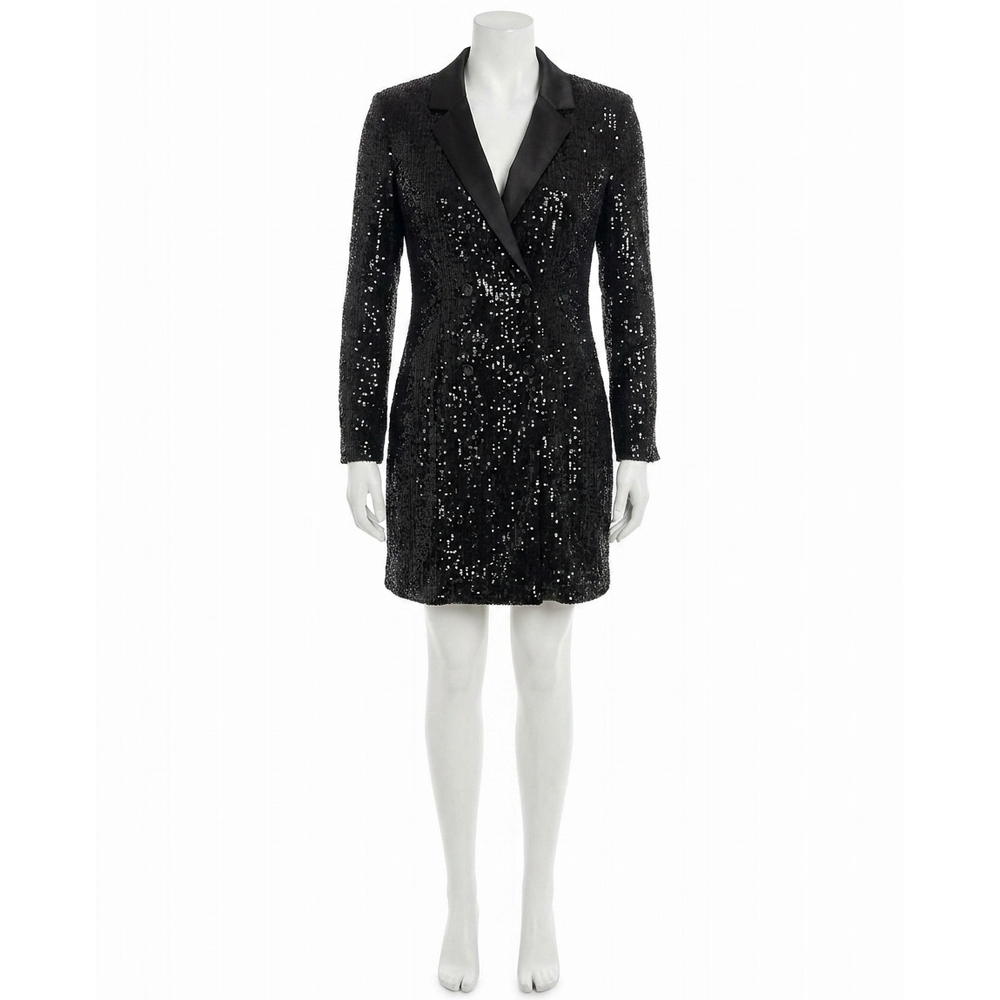 NEW NICOLE MILLER luna sequin long sleeve coat dress in very black